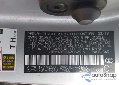 2019 Toyota Prius Le z USA, uszkodzony, nr VIN JTDKARFU9K3082509